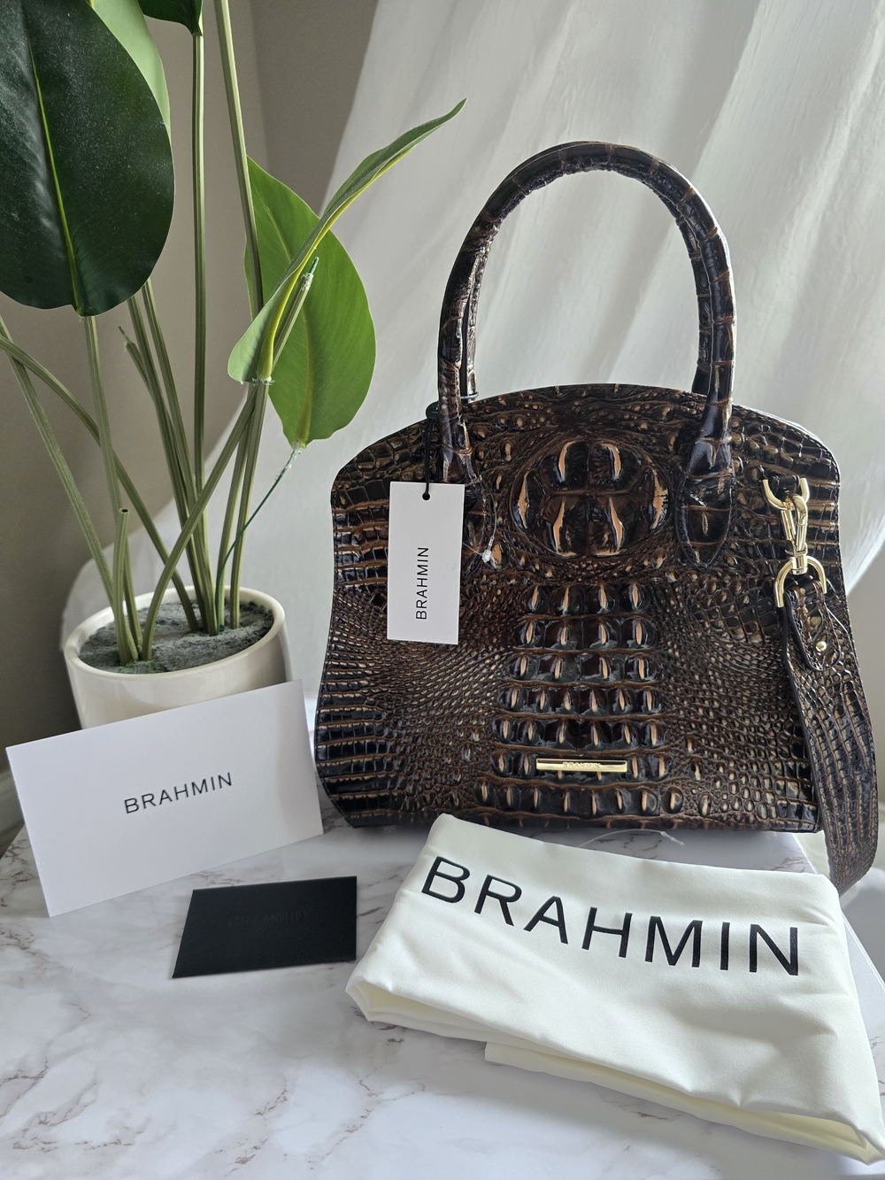 NWT Brahmin Rosetta Satchel Chocolate Melbourne Croc Embossed W/ Shoulder Strap - Picture 2 of 16